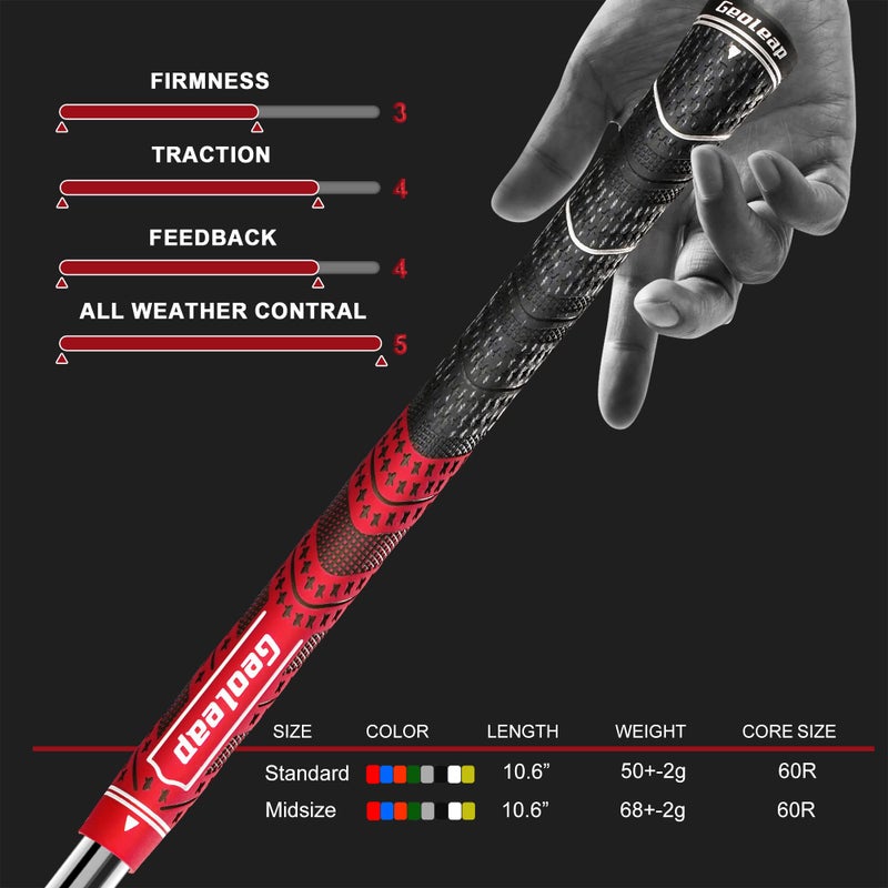 Geoleap Golf Grips Set of 13- Cord Rubber Compound Material, Hybrid Golf Club Grips, All Weather Performance.(Red, Standard) - Image 5